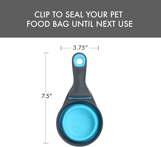 Dexas Popware for Pets Collapsible Klip Scoop, 3-in-1 Pet Food Scoop, Measuring Cup and Bag Clip, 1 Cup Capacity, Blue