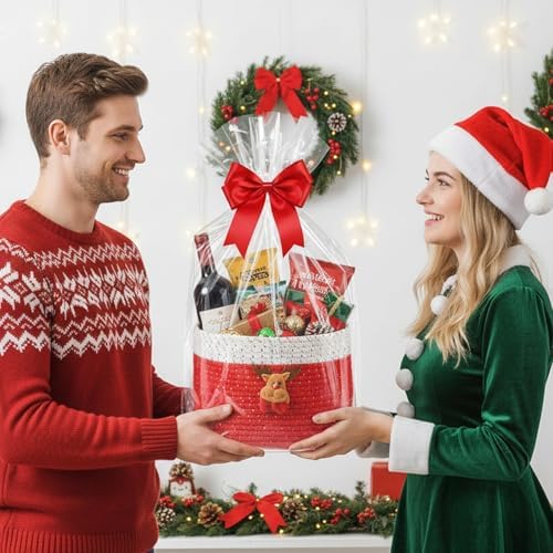 Christmas Baskets Cotton Rope Baskets for Christmas Empty Red Christmas Toy Bin, Christmas Gift Bin Large Blanket Storage Baby Basket for Kids Room/Living room (Reindeer Large)