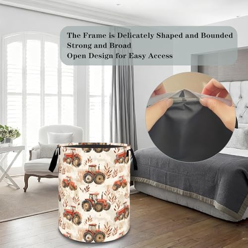 Farm Tractor Laundry Basket Hamper, Organizer Bins Gifts for Women Kids, Rustic Farm Vehicle Foldable Waterproof Clothes Hamper Handles Storage Bucket for Bedroom Bathroom Room Decor 19.7"x15.7"