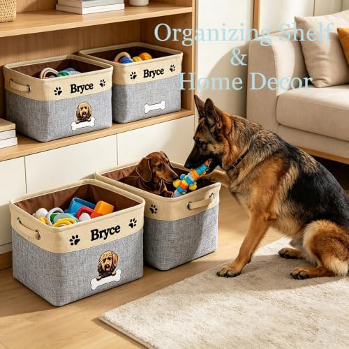 Personalized Fabric Dog Toy Storage Basket with Lovely Dog Pit Bull Collapsible Sturdy Fabric Pet Toys Storage Bin Cube with Handles for Organizing, Brown and White