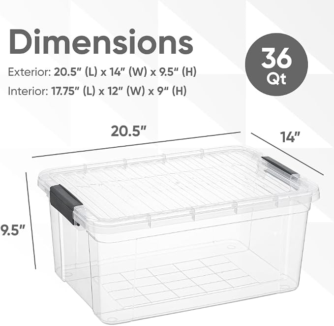 Superio Clear Storage Box with Lid, 36 Quart Plastic Container Bins for Organizing, Stackable Crates, BPA Free, Non Toxic, Odor Free, Organizers for Home, Office, School, and Dorm