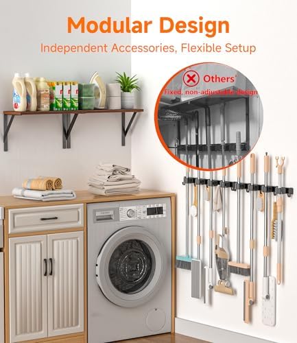 1Pack Broom Holder with Organizer Shelf 4 Broom Slots 5 Removable Hooks | Space-Saving Broom and Mop Organizer Wall Hanging , Laundry Room Shelves for Laundry Room Garage Garden Closet