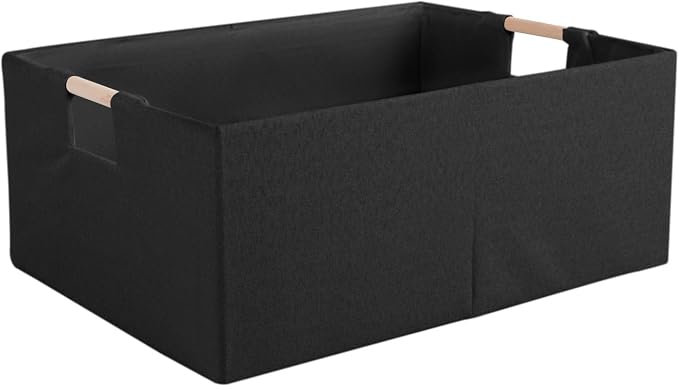 Fabric Storage Box, 16x12in Foldable Cotton Linen Basket with Wooden Handle | Large Rectangular Cube Decorative Home Laundry Organizer Clothes Blanket Container Organizing Clothes Sheets Jeans, Black