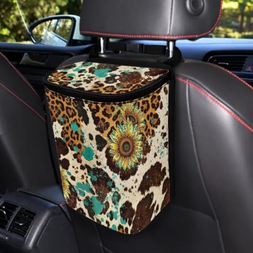 Cow Sunflower Print Trash Bag for Car with Lid Multipurpose Trash Bin Waterproof Garbage Can Decoration Universal Car Interior Accessories