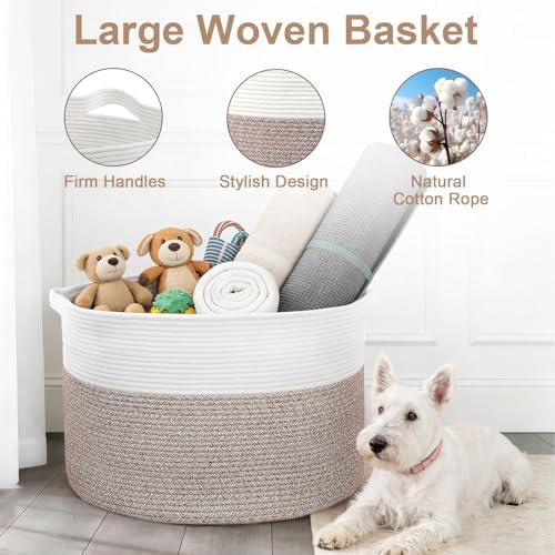 90L Large Blanket Basket Storage with Handles - White & Brown