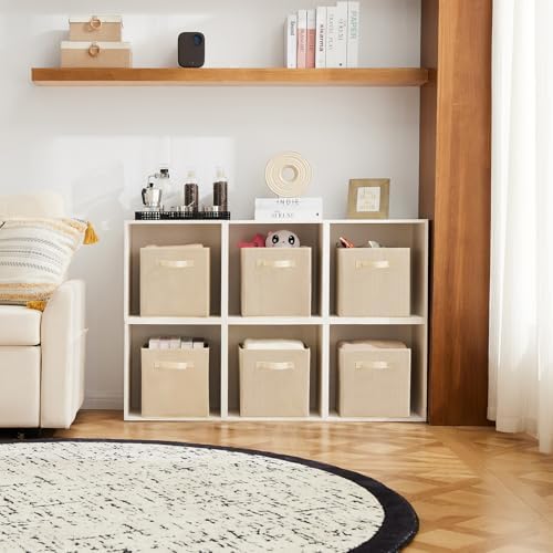 MAX Houser 6 Pack Foldable Fabric Storage Bins with Dual Handles, Beige | 6 pack cloth storage bins with dual carry handles, Foldable Storage Cubes Organizer Baskets, ideal for home bedroom closet