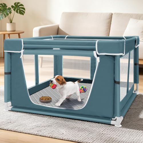 42 × 42 inch Dog Playpen with Pee Pad, Soft Puppy Playpen, 25 Height Pet Playpen for Small Dogs and Small Animals, Dog Fence Indoor, Play Yard with Zipper Door(Green)