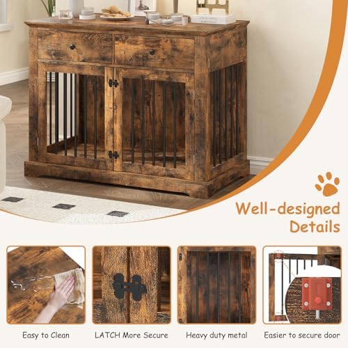 PRETZI Dog Crate Furniture, 44 Inch Wooden Dog Kennel Indoor with 2 Storage Drawers, Heavy Duty Large Crate Furniture, Rustic Style Decorative End Table Cage for Small/Medium/Large (Brown)