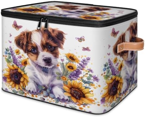 Cute Puppy Dog Sunflower Storage Box with Zipper Lid | Collapsible, Fabric, Storage Bin, Handle, Large, Closet Organizer, Containers, Bedroom, Home, Floral