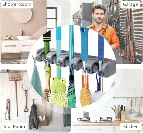 PP Plastic Multi-Function Broom & Mop Wall Mount Holder (16.93.352.36in, Gray) - Screw-Mounted Space Saver for Kitchen/Garage/Garden Tool Organization