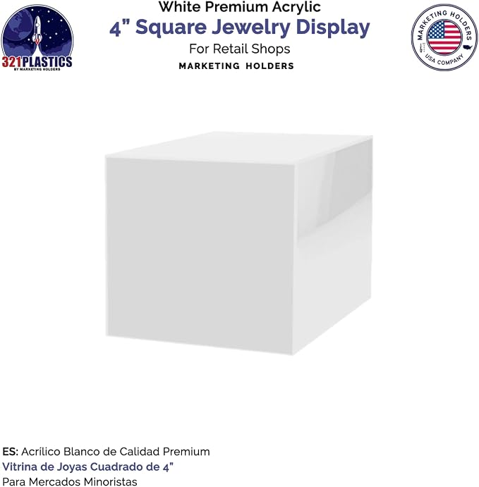 2 Pack 4" Acrylic Display Riser Box with One Open Side No Lid Versatile Glossy White Square Retail Merchandise Storage Bin or Product Platform No Assembly by Marketing Holders