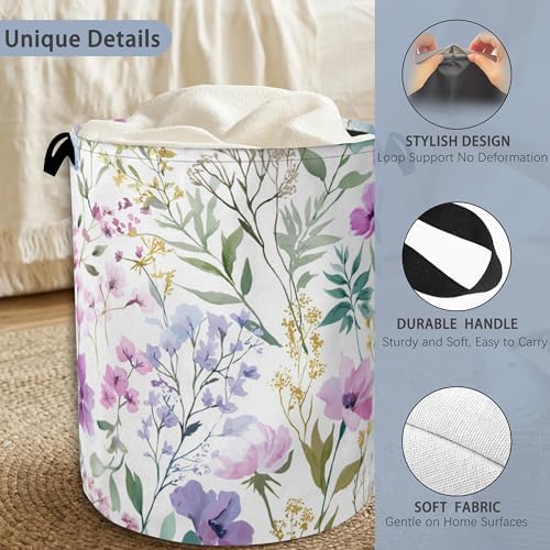 Wildflower Plant Laundry Basket,Botanical Oxford Cloth Laundry Hamper with Handle Foldable Portable Clothes Storage Basket for Bathroom Bedroom Dorm Room 16" x 20.8"