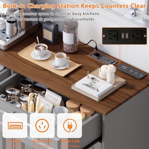 Double 10 Gallon Tilt Out Trash Can Cabinet with Deodorizing Function, Wooden Hidden Garbage Can Holder with Storage Drawers for Kitchen and Dining Room, Laundry Hamper Cabinet for Bathroom, Grey