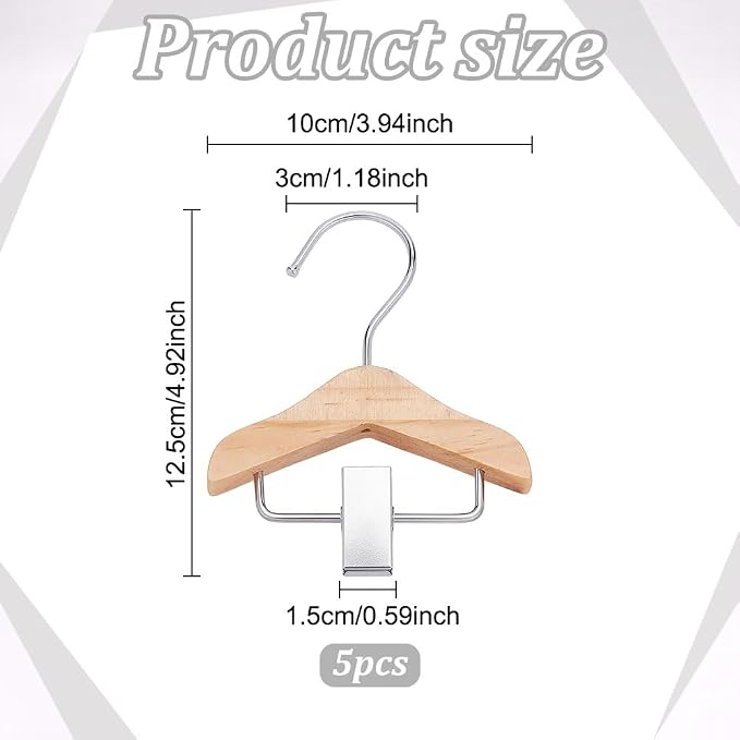 5 Pcs Wood Mini Pet Hanger 4.9x3.9 Pet Clothing Hanger with Clip Hook Miniature Clothes Hangers Tiny Dog Clothes Rack Mini Display Clothing Rack for Bedroom Living Room Shower Supplies