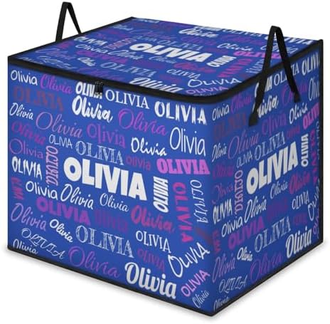 Personalized Name Foldable Storage Basket Cubes with Lid, Laundry Hamper Dirty Clothes Pet Toys Storage Bin with Handles for Shelf Home Closet Kitchen, Pink Purple Names Navy Blue Background