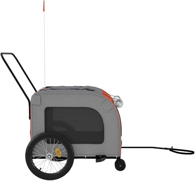 Pet Bike Trailer Orange and Gray Oxford Fabric Dog Bicycle Trailer with Iron Frame, 3-Wheel Pet Cargo Carrier for Small Dogs and Groceries, Includes Safety Flag and Reflectors