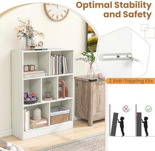 Giantex 7 Cube Bookcase, 4-Tier Freestanding Bookshelf w/ 7 Open Compartments, 2 Anti-Tipping Kits, Modern Display Cabinet, 41" Wood Cubby Storage Organizer for Living Room, Bedroom, White