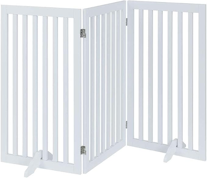 unipaws 36”H Free Standing Pet Gate for Dog, Tall Wooden Dog Gate, 60” Wide | Foldable Pet Fence for Doorway, Stairs, Step, Expandable Doggy Barrier, Room Divider, Indoor Use, White