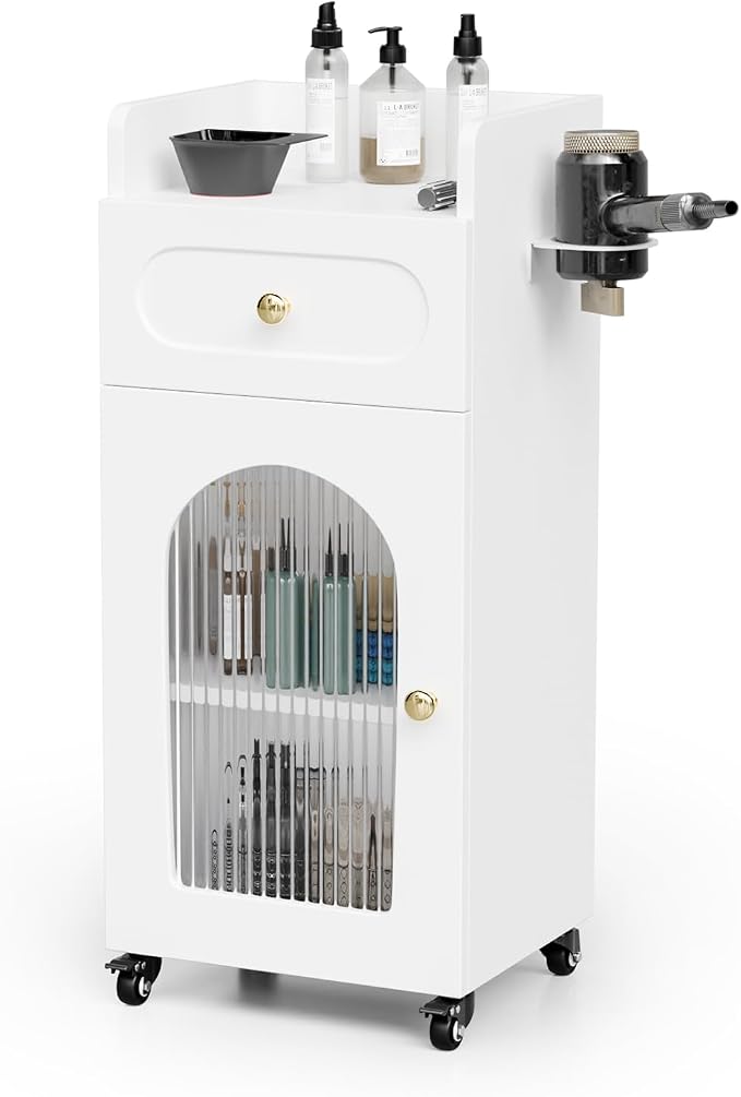 Salon Cart with Wheels, 3 Tier Rolling Beauty Trolley for Hair Stylist, Barber, Esthetician, Storage Cabinet w/Glass Door & Dryer Holder & Adjustable Shelf, Mobile Station for Spa,Tattoo (White)