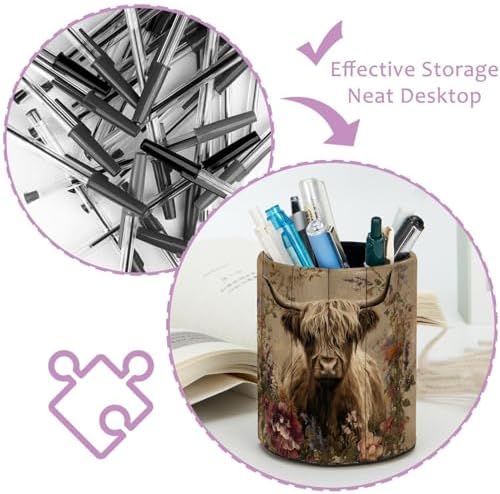 Faux Leather Pen Holder for Desk, Pencil Organizer Highland Cow Pen Cup Desk Decor Makeup Brush Holder Storage for Office Home