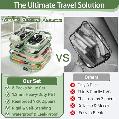 YQBRAO Clear Hard Shell Zipper Cases, 6 Travel Organizers, 2M 4S, Green