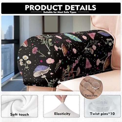 Mushroom Couch Arm Covers Soft Arm Chair Covers for Arms Recliner Headrest Protector 2pcs Stretch Fabric Sofa Armrest Covers