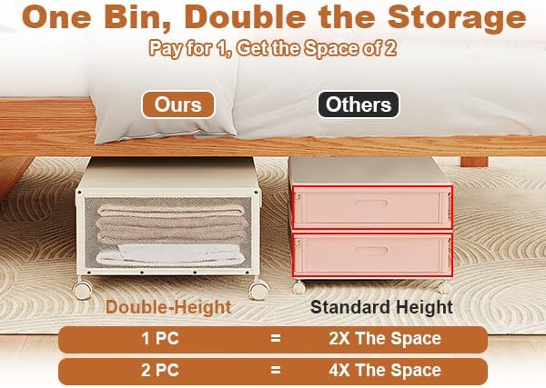 Fokyfok 2Pack Under Bed Storage Containers,10 inch Height,31 inch Long | Under Bed Shoe Storage,Underbed Storage with Wheels,Large Rolling under bed Clothes Storage Drawers,Lid,Dorm Tall,Ivory