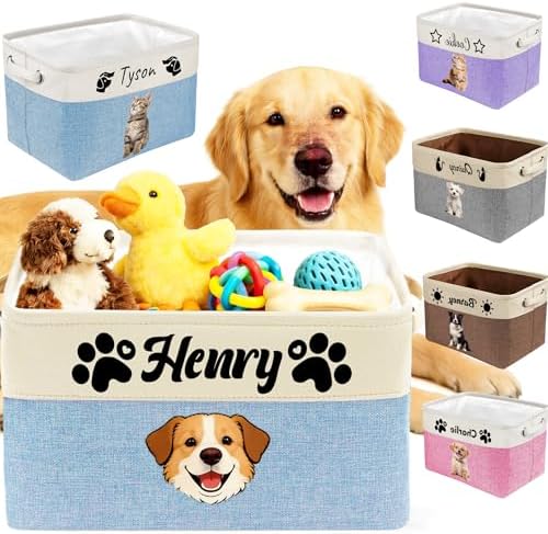 Personalized Dog Toy Box Custom Pet Storage Basket with Name Photo Personalized Collapsible Organizer Basket for Pet Toys Clothes Blankets Blue