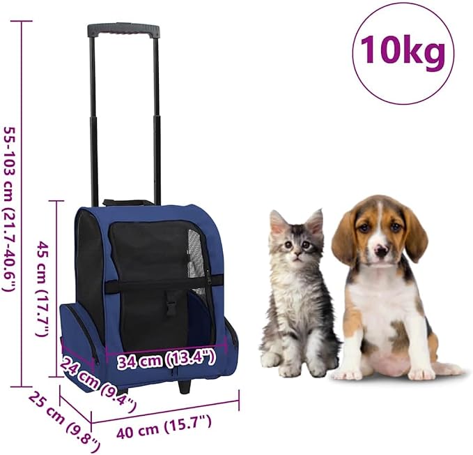 Foldable Pet Trolley for Small Dogs and Cats, Portable Rolling Pet Carrier with Mesh Windows and Storage Pockets, Blue