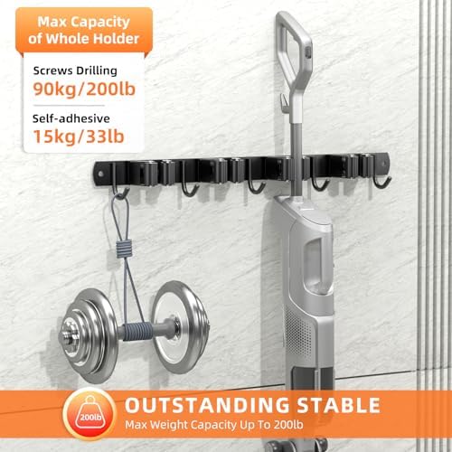 Broom Holder Wall Mount, Improved Non-slip Mop and Broom Holder Wall Mount, Heavy Duty Broom Hanger Organizer for Closet Laundry Garden Garage Storage (4 Racks 5 Hooks)