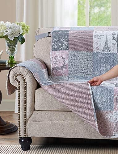 Brilliant Sunshine Latte Grey Paris & Toile Patchwork Couch Cover, 70" seat | Quilted Sofa Cover, Living Room & Bedroom Furniture Protector, Large Washable Slipcover for Pets, Dogs & Cats
