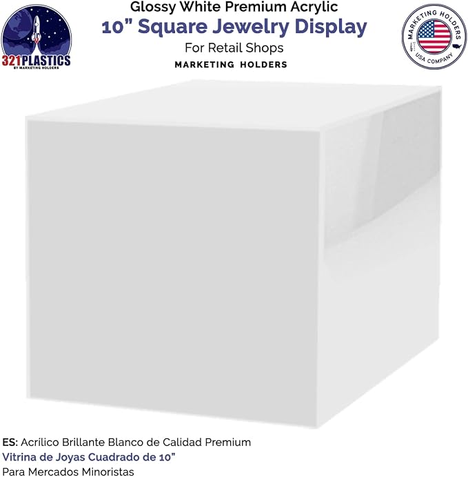 2 Pack 10 Inch White Acrylic Display Box with One Open Side No Lid Versatile Square Merchandise Storage Bin or Retail Product Riser by Marketing Holders