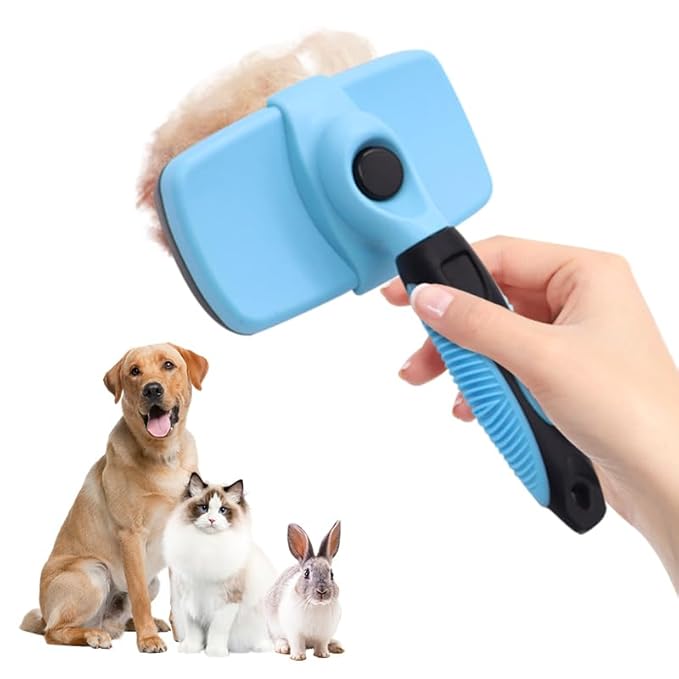 Self Cleaning Slicker Brush for Dogs & Cats, Gentle Deshedding and Hair Removal Tool for Long & Short Haired Pets, Easy Push Button, Green