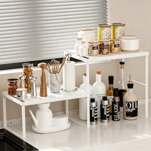 Kitchen Counter Oganizer Stackable Spice Rack for Countertop Kitchen Countertop Organizer Heavy Duty Kitchen Counter Shelf Metal Spicy Shelf for Countertop (2 Pack, White)