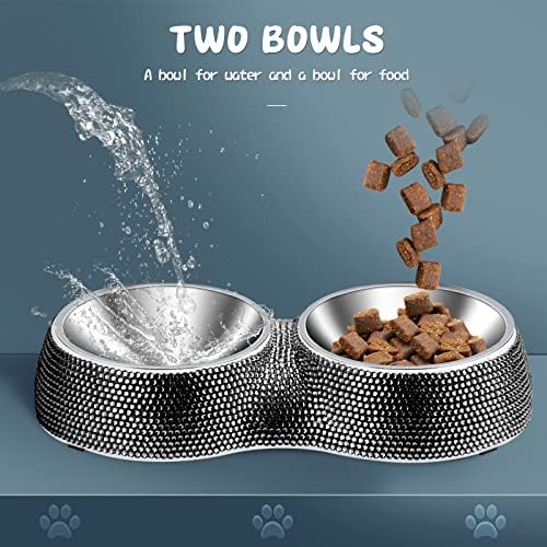 eing Dog Bowls Double Dog Water and Food Bowls Stainless Steel Bowls with Non-Slip Resin Station and Bling Rhinestones, Pet Feeder Bowls for Puppy Medium Dogs Cats Puppy Pets,Black