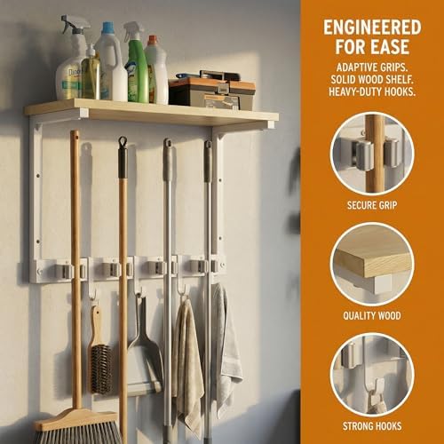 Upgraded Broom Holder Wall Mount with Shelf, Mop and Broom Organizer Wall Hanging, Cleaning Supplies Organizer (small)