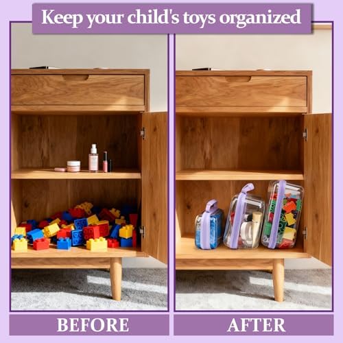 3 PCS Clear Zipper Pouches with Handle, Diaper Bag Organizer, Clear Makeup Bags Hardshell Toy Storage Bins with Zipper Toiletry Pouch Bag for Cosmetics Pencils Puzzles, Building Blocks(Purple)