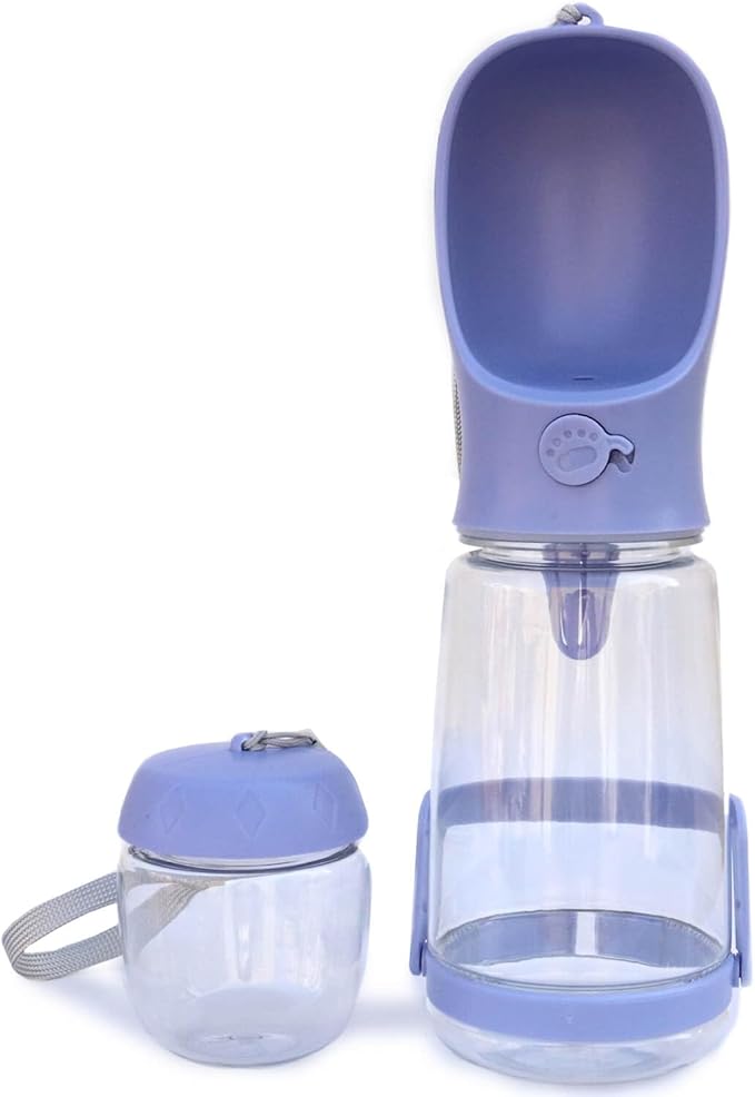 Dog Water Bottle with Food Container Holder, Travel Puppy Drinking Bowl, Portable Pet Water Dispenser, Patented Design, Food Grade Plastic 19 oz Water Bottle+100g Snack cans