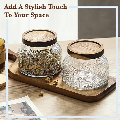 Decorative Flora Embossed Glass Jar with Airtight Wooden Lid, 40 fl. oz | Wide mouth vintage storage canister, kitchen pantry bathroom organization, coffee sugar tea cookie candy candle vase gift