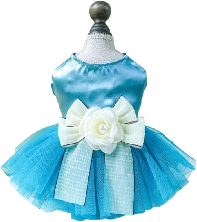 Blue Puppy Dress for Small Dogs with Bow Knot Gorgeous Cat Wedding Dresses Elegant Girl Dog Clothes Pet Party Ball Gown Outfit for Holiday Birthday Engagement Valentines (Sky Blue, Small)