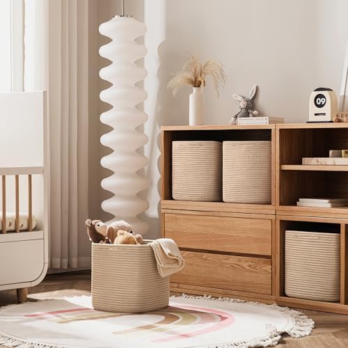joybest 13inch Cube Storage Bins, Cotton Rope Woven Organizer Basket | Set of 4 Cube Bin Square Shelves Organizer Closet Storage, Nursery, Toy Organization, Brown
