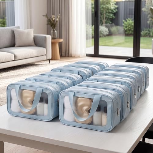 Abbylike 12 Pcs Clear Toiletry Bags with Handle for Women and Men, Matte Translucent Waterproof Cosmetic Bags with Zipper for Travel Toiletries Wash Shower Accessories Bachelorette Bridal Party(Blue)