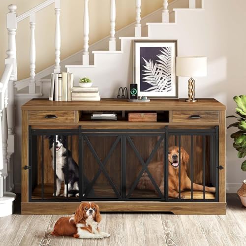 DWVO 63" Double Dog Crate Furniture for 2 Dogs with Charging Station