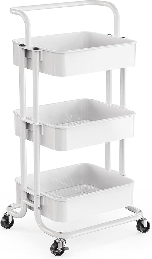 Pipishell 3 Tier Rolling Cart, Metal Utility Cart with Wheels and Handle, Rolling Storage Cart for Nursery Room, Living Room, Painting Room, Office and Kitchen, White