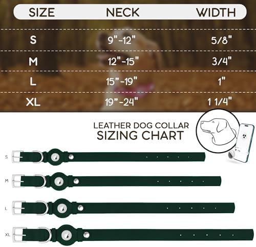 Leather Dog Collar with Airtag Holder - Apple Air Tag Dog Collars - Soft Tracking GPS Pet Collar for Small Medium Large Dogs Breed Puppy (Green, S, 9"-12" Neck Fit)