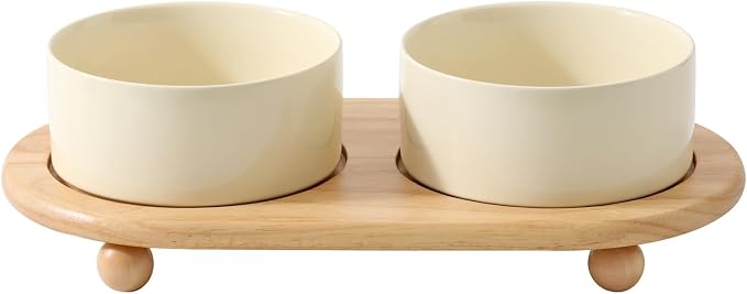 Havniva Raised Cat Bowl, 6.1” Elevated Ceramic Cat Food and Water Bowl Set | Cat Bowls Elevated, Whisker Friendly Cat Bowl, Non-Slip Wood Stand, Food-Grade Ceramic, Wide Opening, Dishwasher Safe