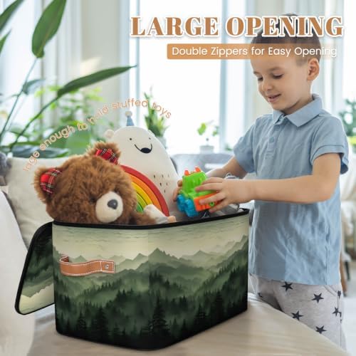 Green Misty Forest Collapsible Fabric Storage Bin with Lids | Storage Basket, Foldable, Waterproof, Handle, Large, Closet Organizer, Home, Nature Woodland