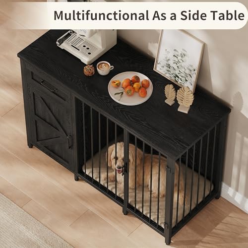 kepptory 30 Inch Dog Crate Furniture with Cabinet, Heavy Duty Farmhouse Dog Kennel with Charging Station, Wooden End Table TV Stand with 900 LBS Capacity and Adustable Feet