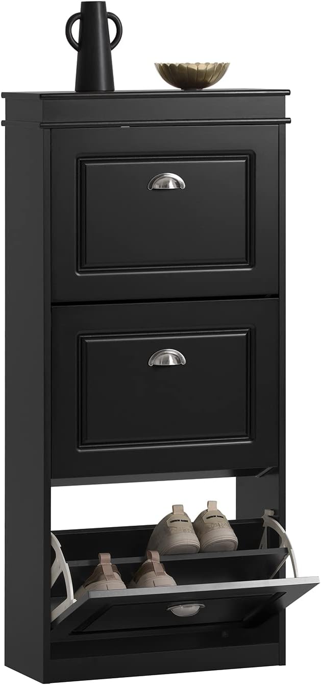 Haotian Shoe Cabinet with 3 Flip Drawers | Freestanding Shoe Rack for Entryway, Shoe Organizer with Hidden Drawer, Black, FSR94-SCH
