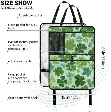 2 Pack Back Seat Car Organizer with Storage Pockets Kick Mats Back Seat Protector Hanging Car Organizer Automotive Seat Back Cover Organizers Green Nature St Patrick Clovers